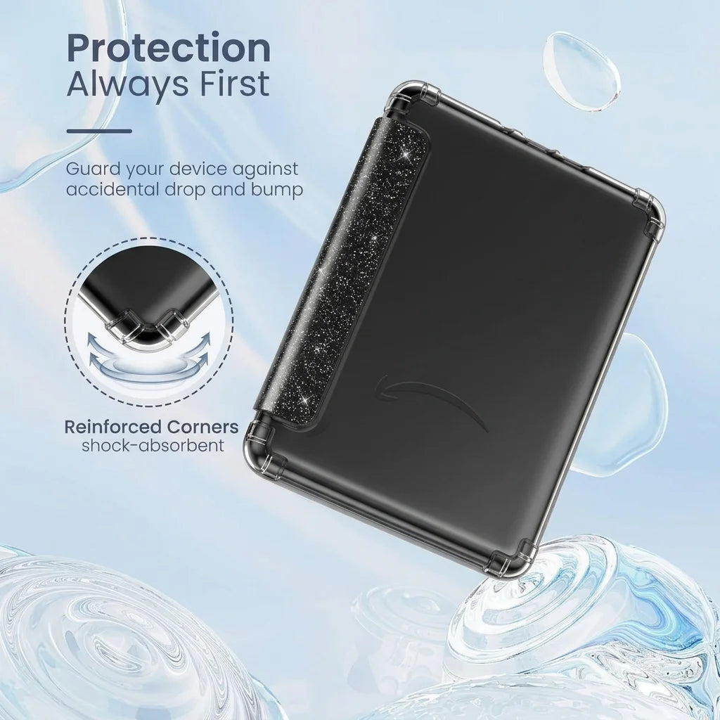 A black glitter slim protective case for a Kindle Paperwhite device, emphasizing shock absorption and protection.