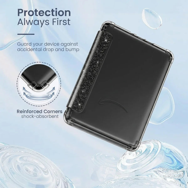 A black glitter slim protective case for a Kindle Paperwhite device, emphasizing shock absorption and protection.