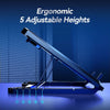 A blue ergonomic laptop cooling pad with five adjustable heights shown on a dark surface.