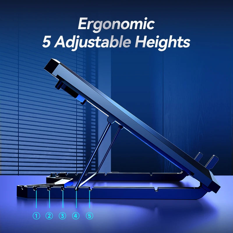 A blue ergonomic laptop cooling pad with five adjustable heights shown on a dark surface.