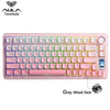 Pink AULA Tarantula wireless mechanical gaming keyboard with grey wood axis and LED screen