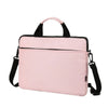 A pink ultra-thin laptop sleeve bag with black straps and a soft lining.