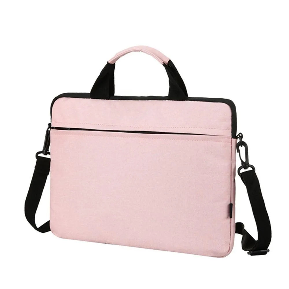 A pink ultra-thin laptop sleeve bag with black straps and a soft lining.