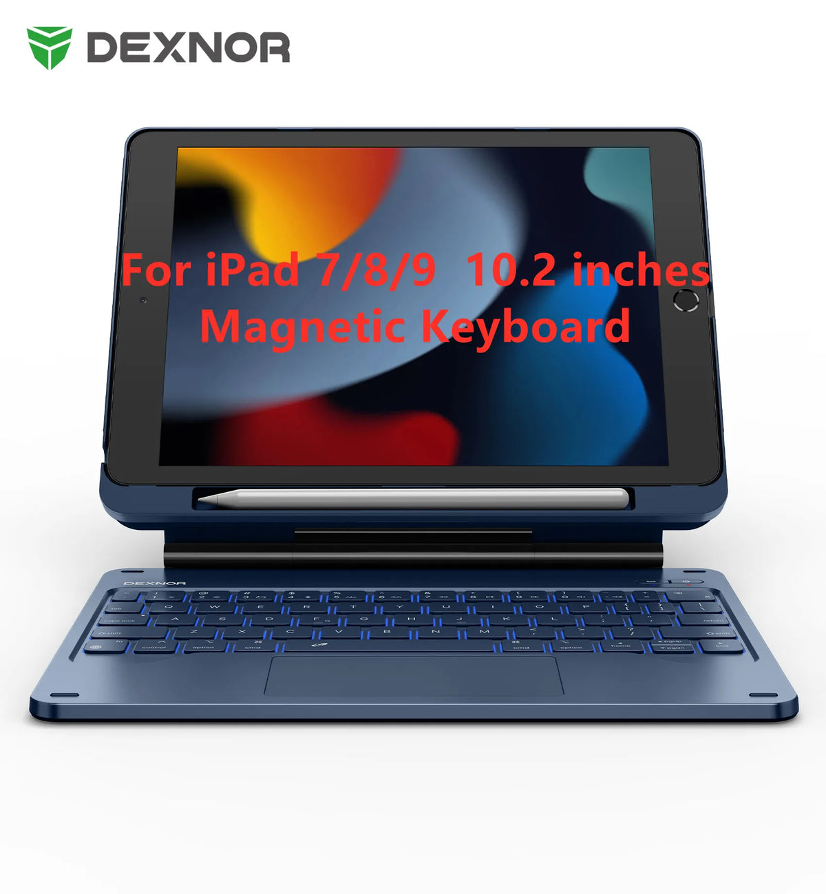 A blue magnetic keyboard case for an iPad, showing the tablet and the attached keyboard.