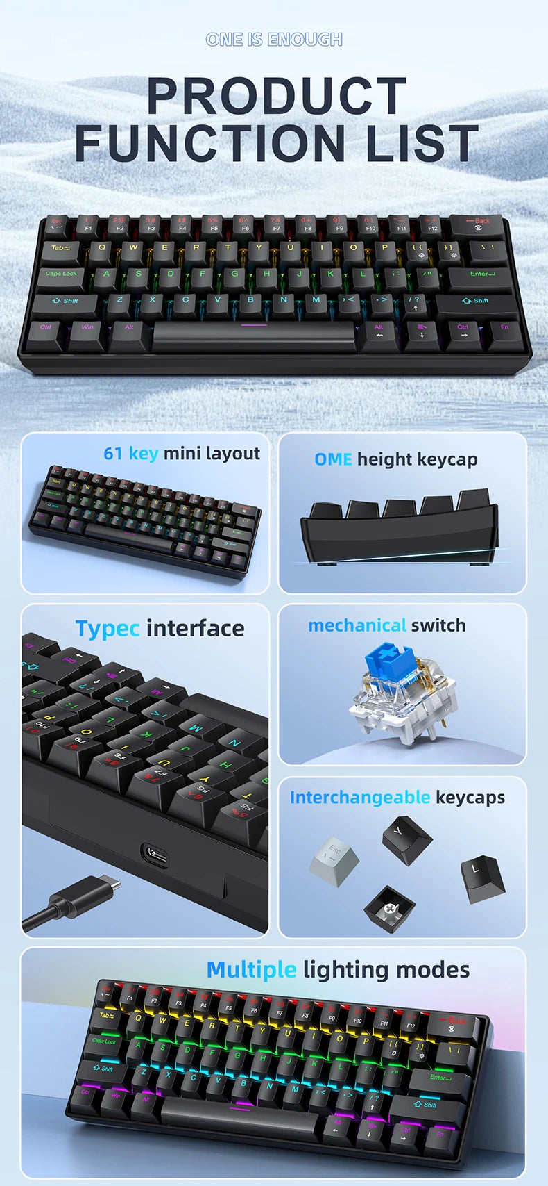 Clavier mécanique mini noir 61 touches avec touches interchangeables et plusieurs modes d'éclairage