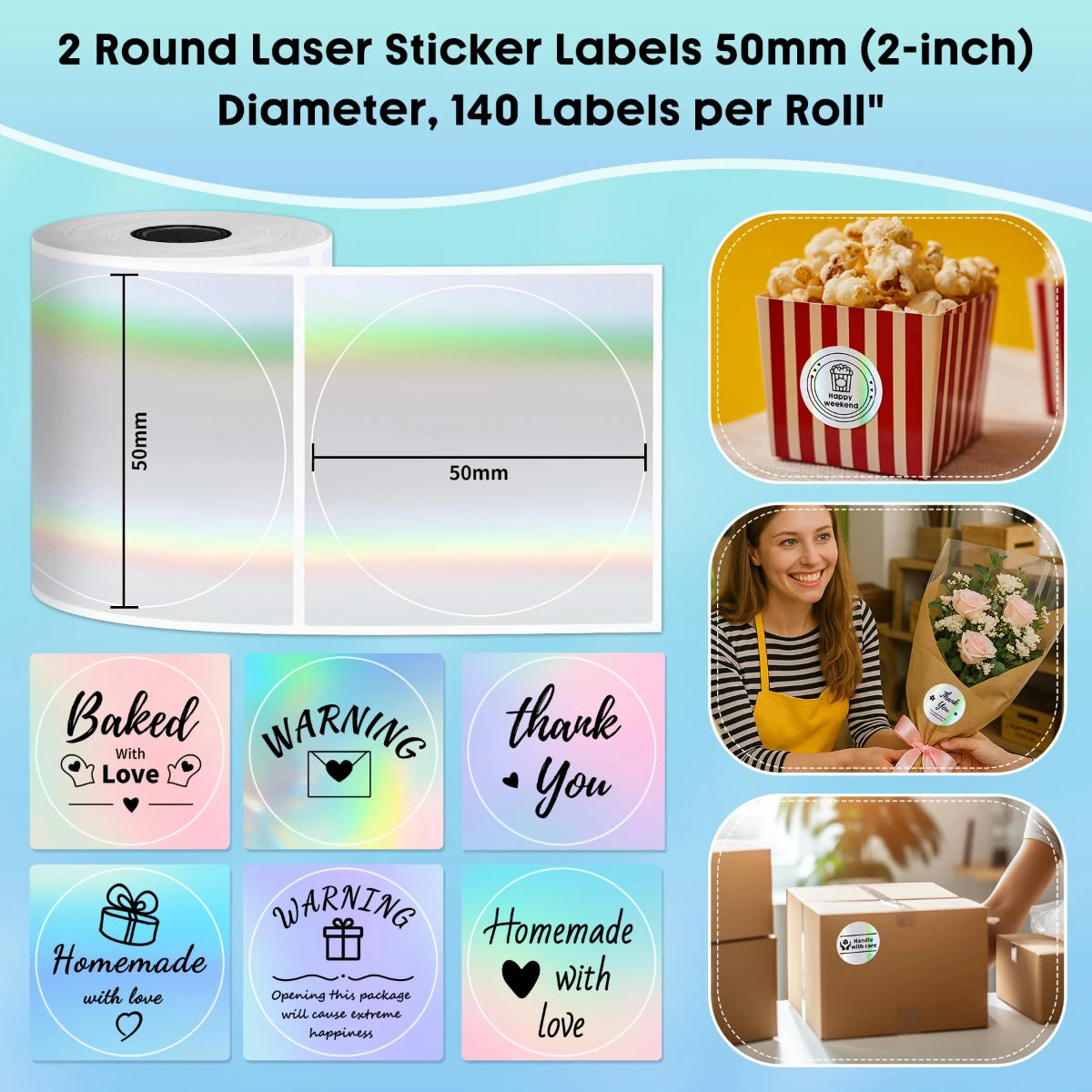 Roll of 140 round laser sticker labels with various designs including baked with love warning thank you and homemade with lov