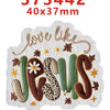 A set of letters spelling LOVE LIKE made from acrylic hair bow material with a faith theme.