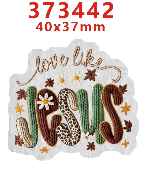 A set of letters spelling LOVE LIKE made from acrylic hair bow material with a faith theme.