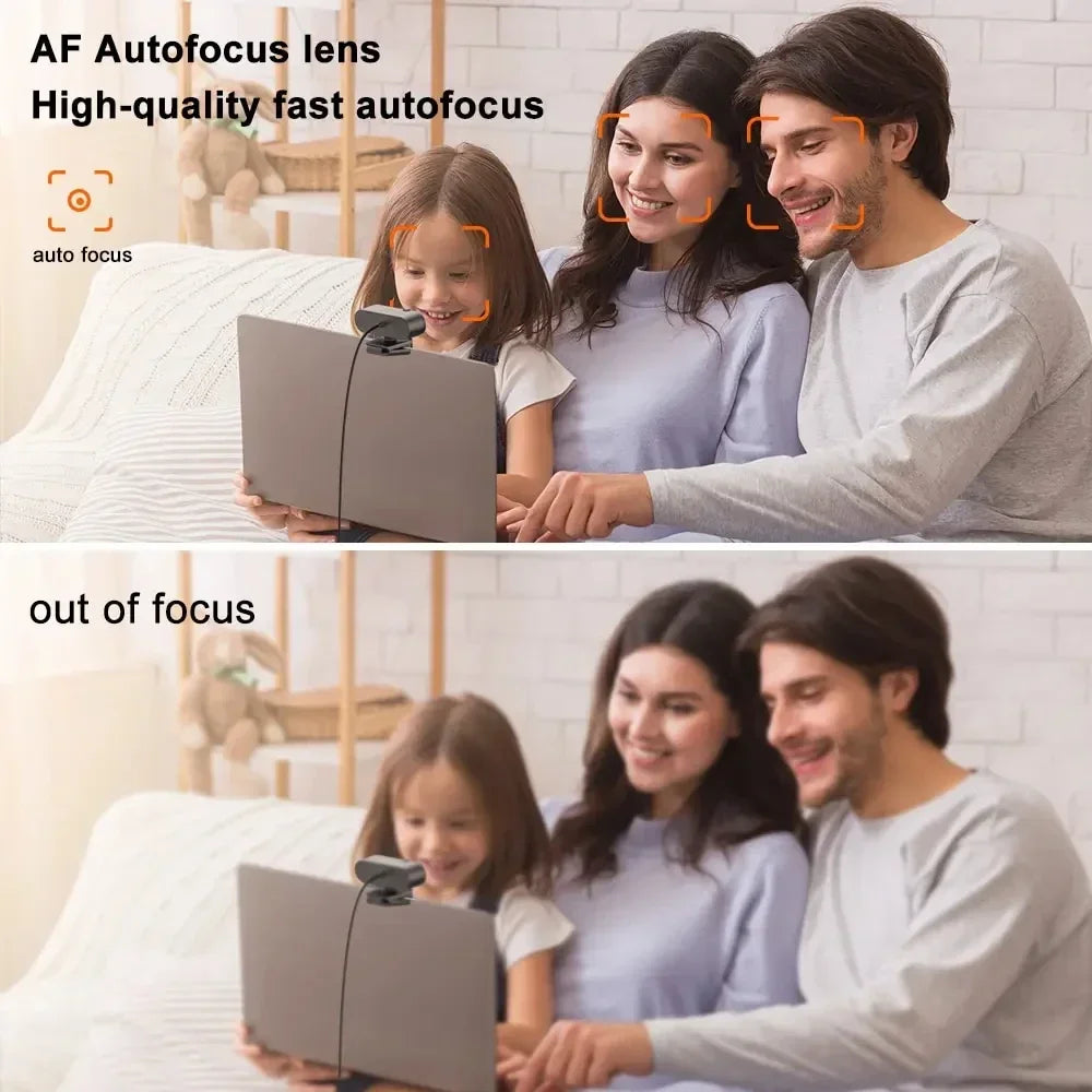 A woman and a man are using an AF Autofocus lens webcam to take a video of a child.