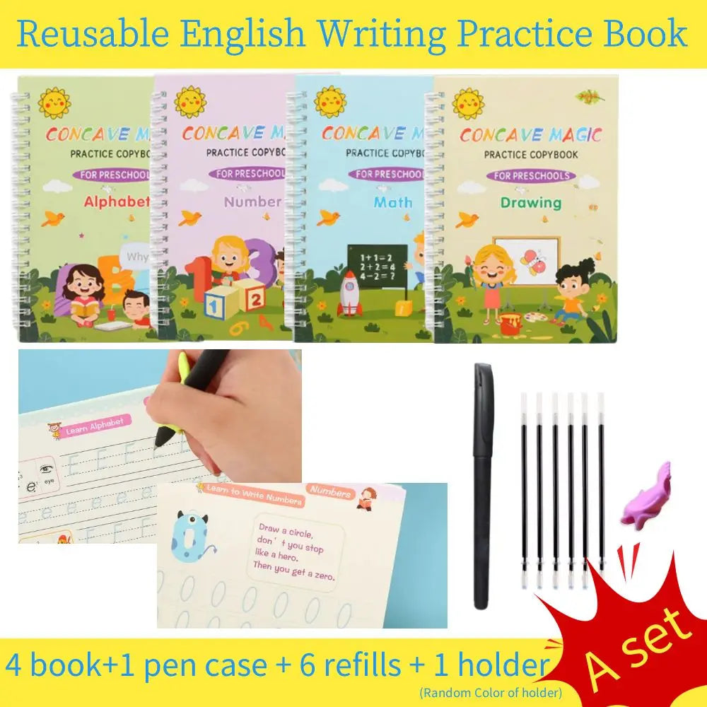 A set of four reusable English writing practice books for preschool children with a pen case and refills
