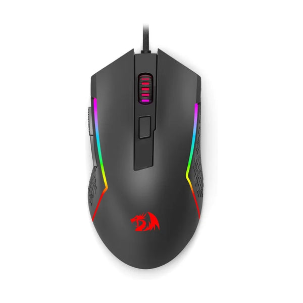 A black Redragon M616 RGB gaming mouse with illuminated buttons and colorful accents.