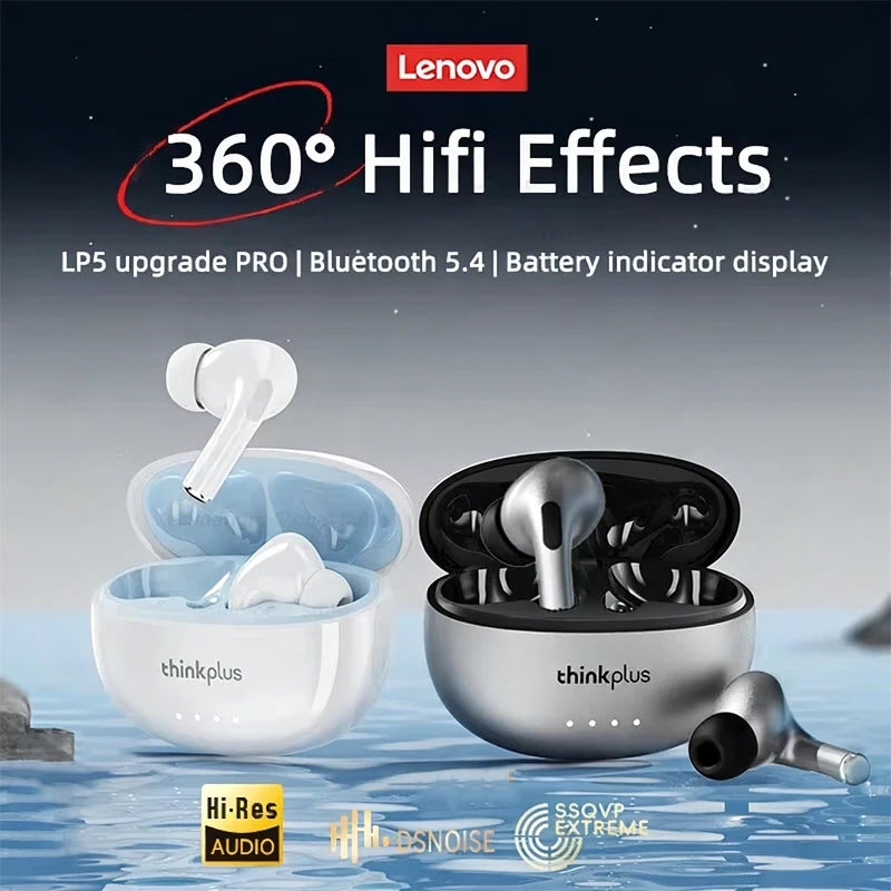Lenovo LP5 True Wireless Earbuds with Active Noise Cancellation shown with accessories and features