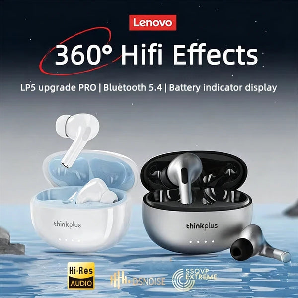 Lenovo LP5 True Wireless Earbuds with Active Noise Cancellation shown with accessories and features