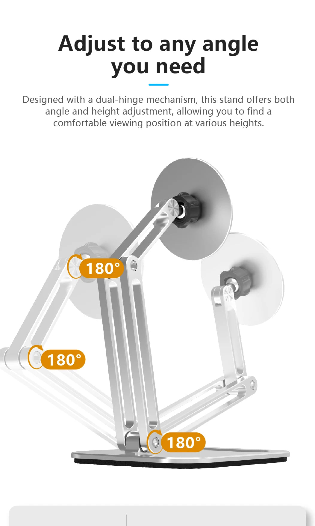 A silver foldable magnetic tablet stand demonstrating adjustable viewing angles.