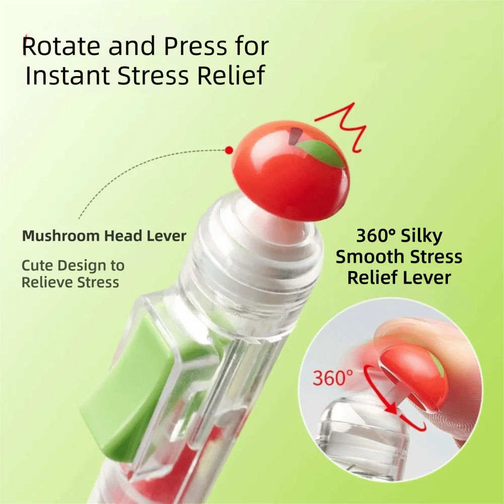A clear fidget pen with a red mushroom head lever designed for instant stress relief.