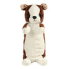 Adorable plush dog toy with brown and white fur looking forward
