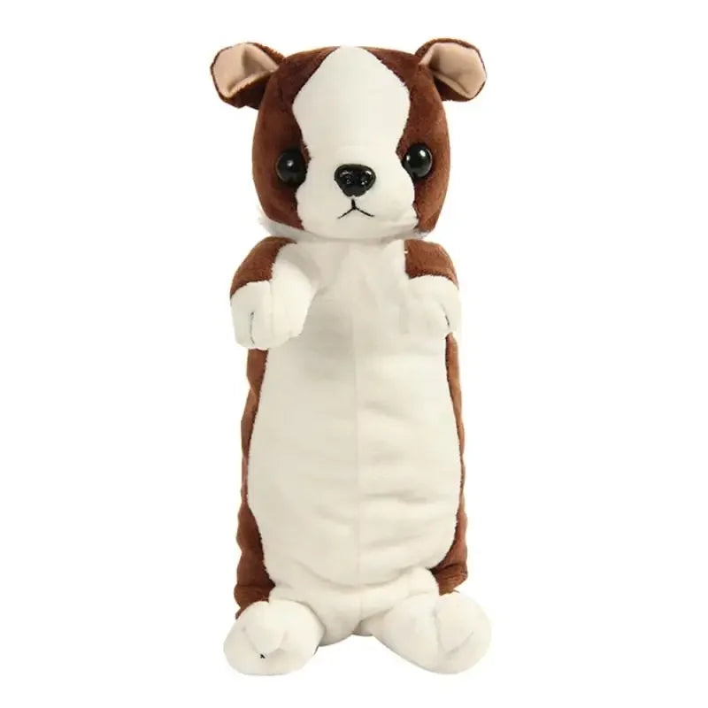 Adorable plush dog toy with brown and white fur looking forward