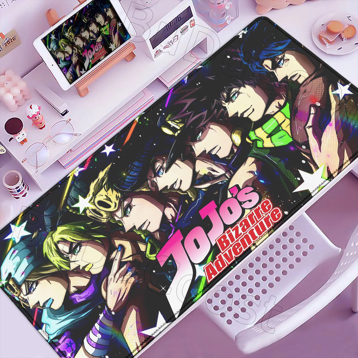 Anime-inspired gaming mouse pad featuring characters from JoJo's Bizarre Adventure with a vibrant, dark background.