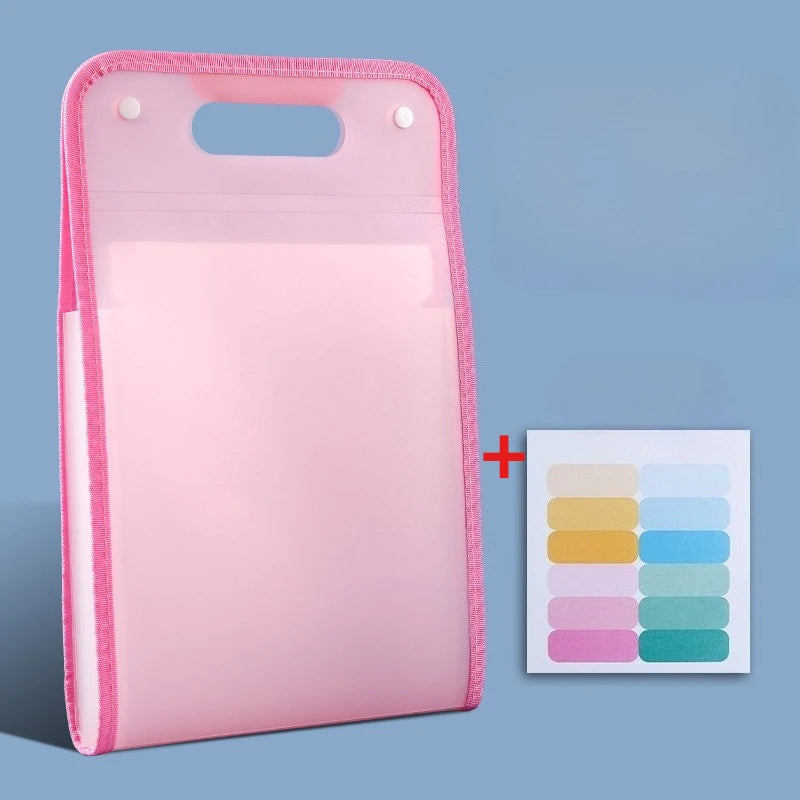 Pink accordion file organizer with a clear pocket and color swatches
