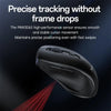 A black ergonomic wireless mouse is shown with red light beams, emphasizing precise tracking.