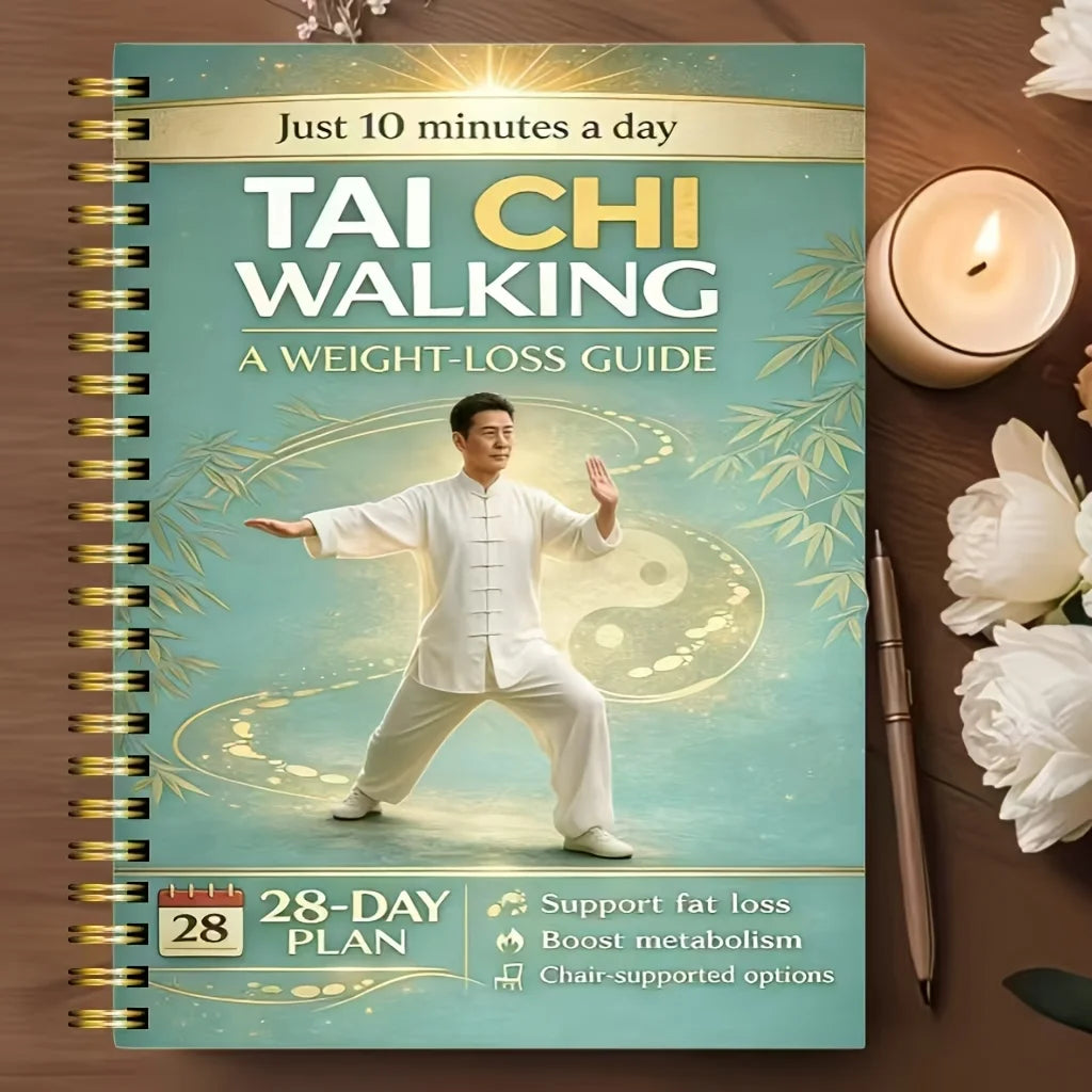 A guide titled Tai Chi Walking a weight-loss guide featuring a man practicing Tai Chi in a light green and gold setting.