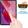 A hand is touching a tablet screen displaying a 3D touch compatibility graphic for a tempered glass screen protector.