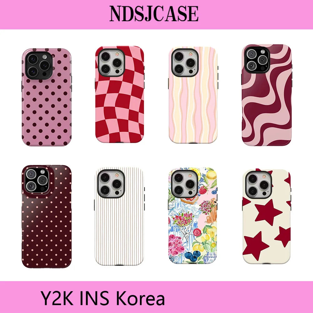 A collection of various phone cases featuring pink, red, and patterned designs for a Y2K INS Korea theme.
