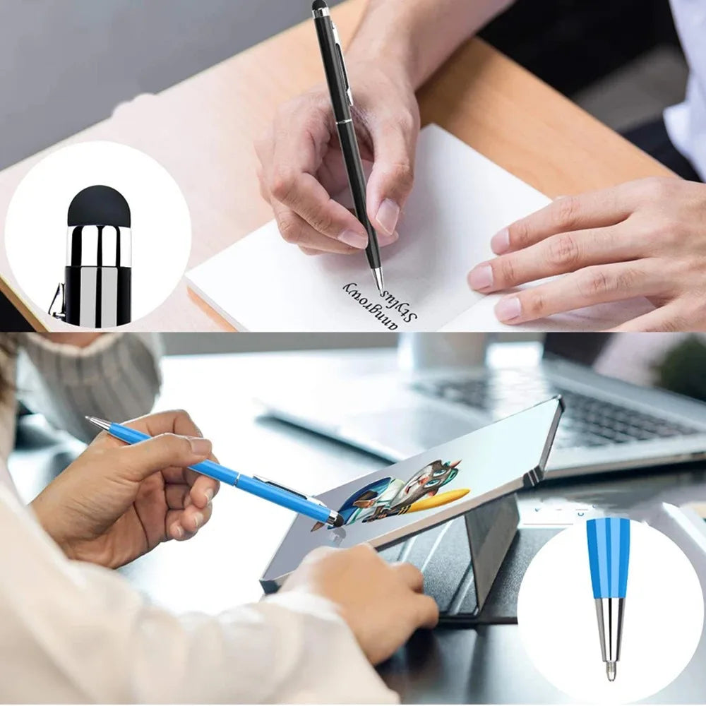 Hands are shown using a precision universal touch stylus pen on a sheet of paper and a laptop.
