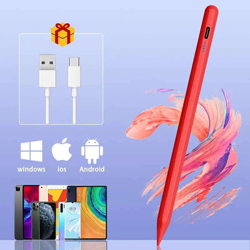 A red universal capacitive stylus pen shown alongside various operating system logos and tablet devices.
