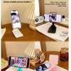 A foldable multi-color mobile phone holder shown in various colors and angles on a wooden table.