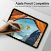 A hand is using a stylus on an iPad screen protected by a tempered glass screen protector.