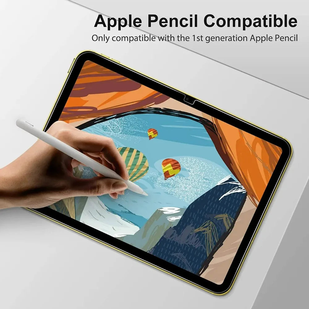 A hand is using a stylus on an iPad screen protected by a tempered glass screen protector.