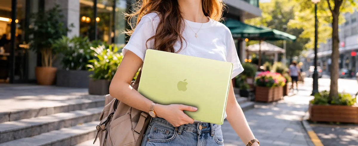 A woman holds a light green matte hard shell case for a MacBook in an outdoor urban setting.