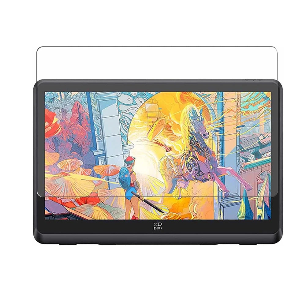 A digital drawing tablet with a matte screen protector displaying an artistic illustration of a horse and landscape.
