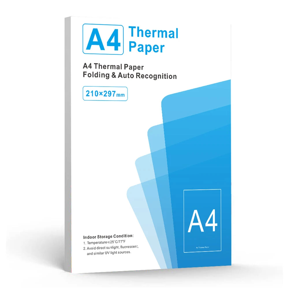 A4 Thermal Paper packaging showing information about folding and auto recognition features
