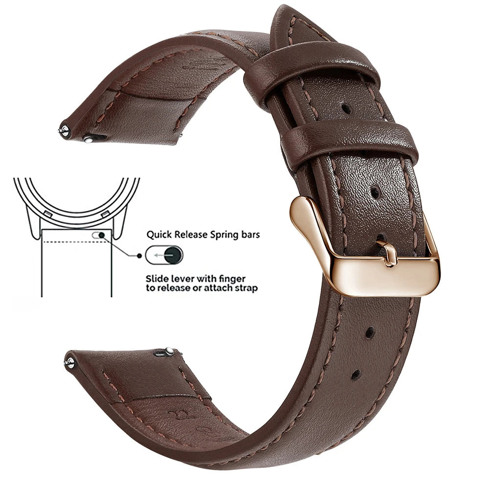 A brown genuine leather watch band featuring quick release spring bars and a slide lever for easy strap attachment.