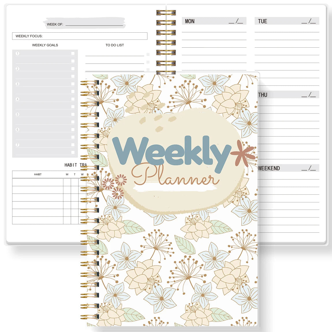 A weekly planner notebook with monthly layouts, habit trackers, and weekly goals sections.