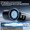 A handheld refrigeration device showing ice formation and a blue swirling cold wind effect.