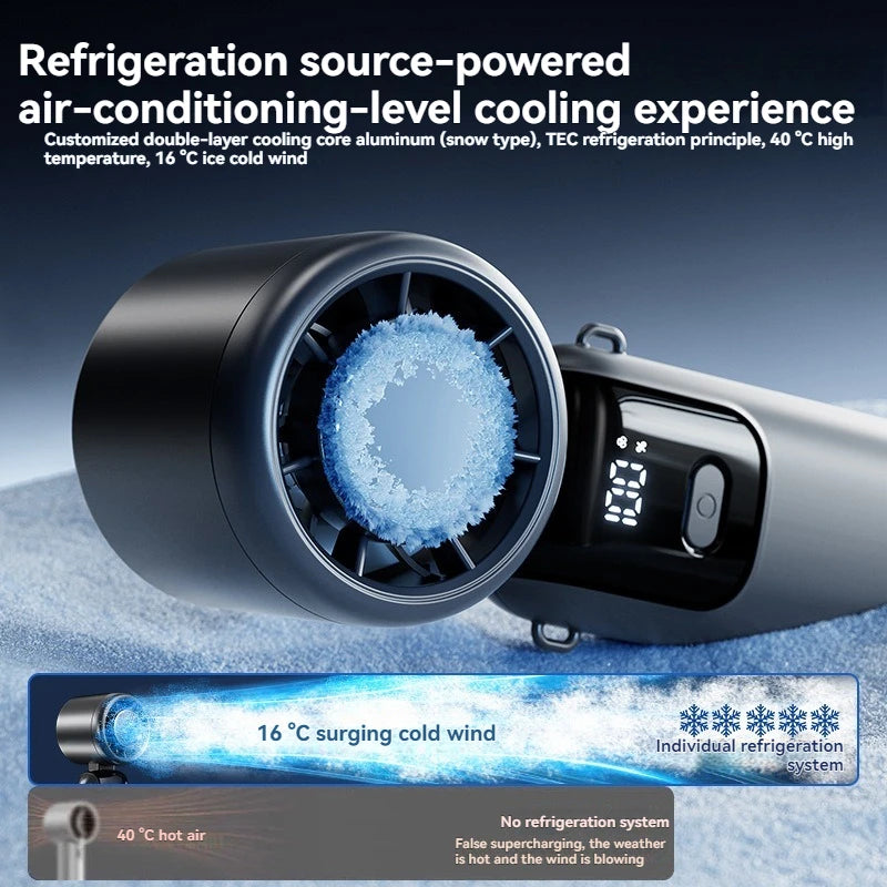 A handheld refrigeration device showing ice formation and a blue swirling cold wind effect.