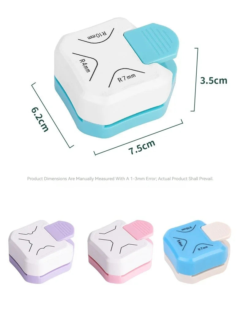 A white and blue 3-in-1 corner rounder punch tool for card making and scrapbooking shown from above and various angles.