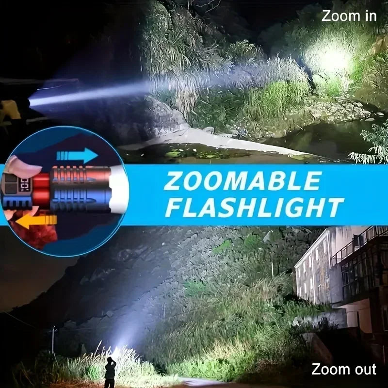 A zoomable tactical LED flashlight is shown illuminating a dark outdoor scene with foliage and a building.
