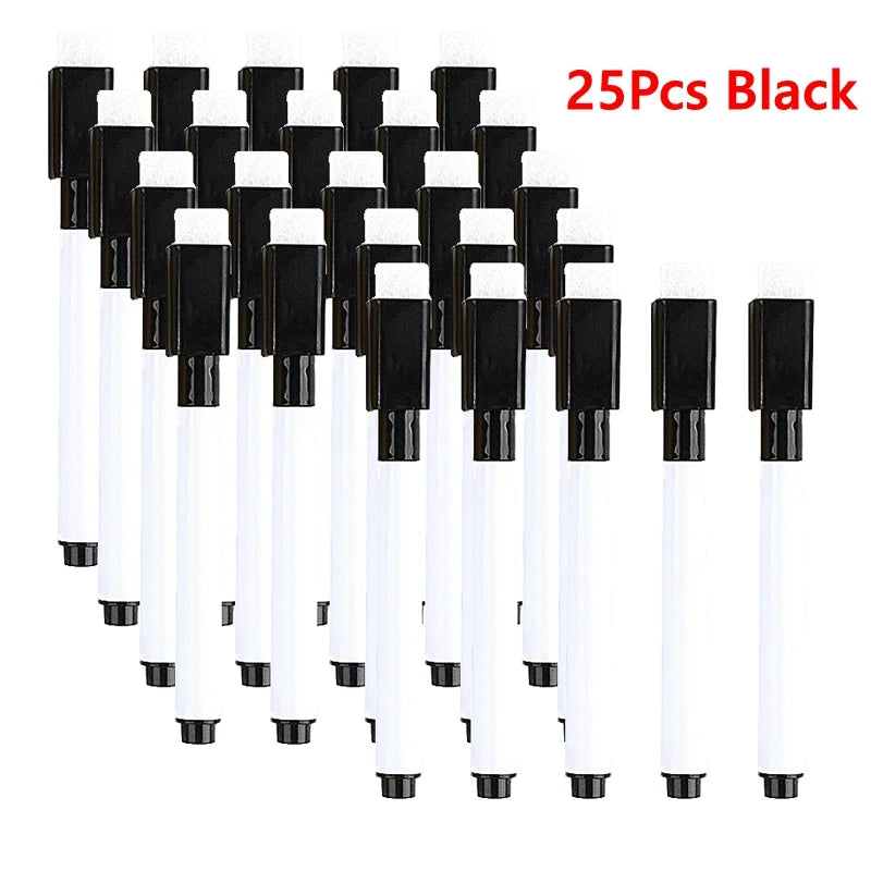 A set of 25 black dry erase markers with magnetic erasers.