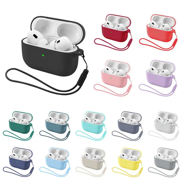 A set of silicone earphone cases with straps in various colors, including black, pink, purple, and yellow.