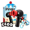 A black Pingu penguin rechargeable handheld fan with a rotating red head is shown next to its packaging box.