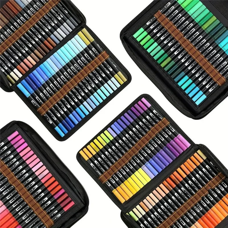A collection of 36 vibrant dual-tip brush marker pens in various colors arranged in a black case.