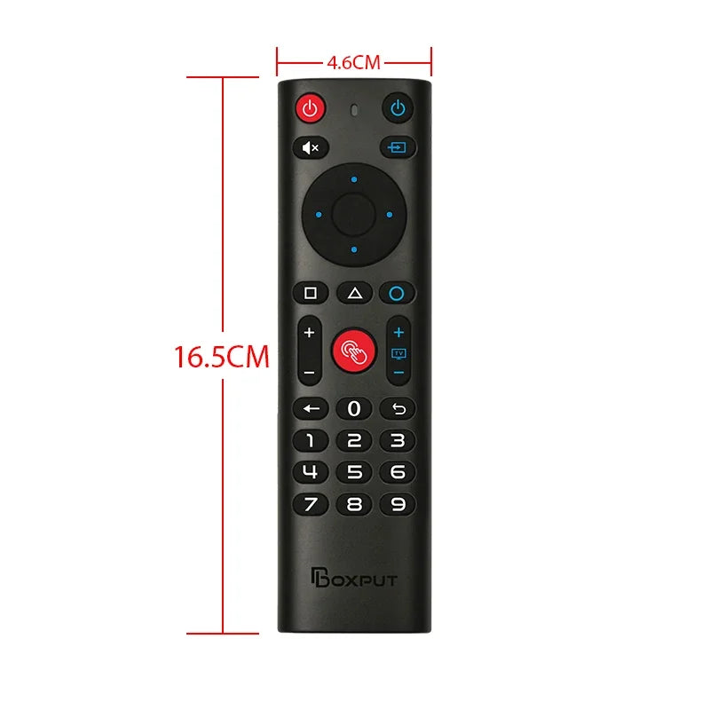 Black wireless gyro air mouse remote with backlit keys and voice control features