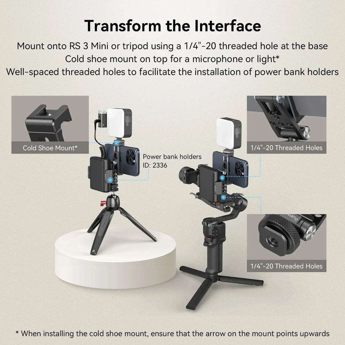 A versatile metal phone mount is shown with various mounting options including a cold shoe mount and threaded holes for power