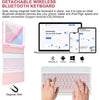 A pink detachable wireless Bluetooth keyboard case shown with a laptop, smartphone, and tablet.