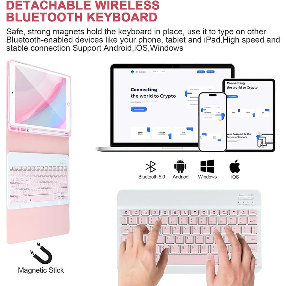 A pink detachable wireless Bluetooth keyboard case shown with a laptop, smartphone, and tablet.