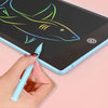 A hand holds a stylus drawing a fish outline on a portable LCD tablet screen.